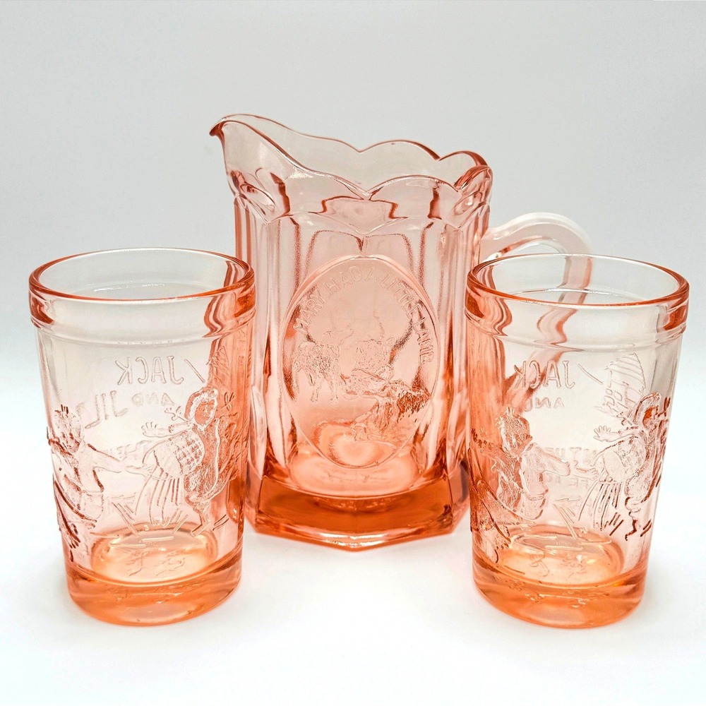 Vintage Tiara Indiana Glass Pink Nursery Rhyme Pitcher 2 Jack Jill Tumblers